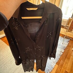 Zara Black Button-Down Shirt and matching Pants look with Sequin Floral Detail